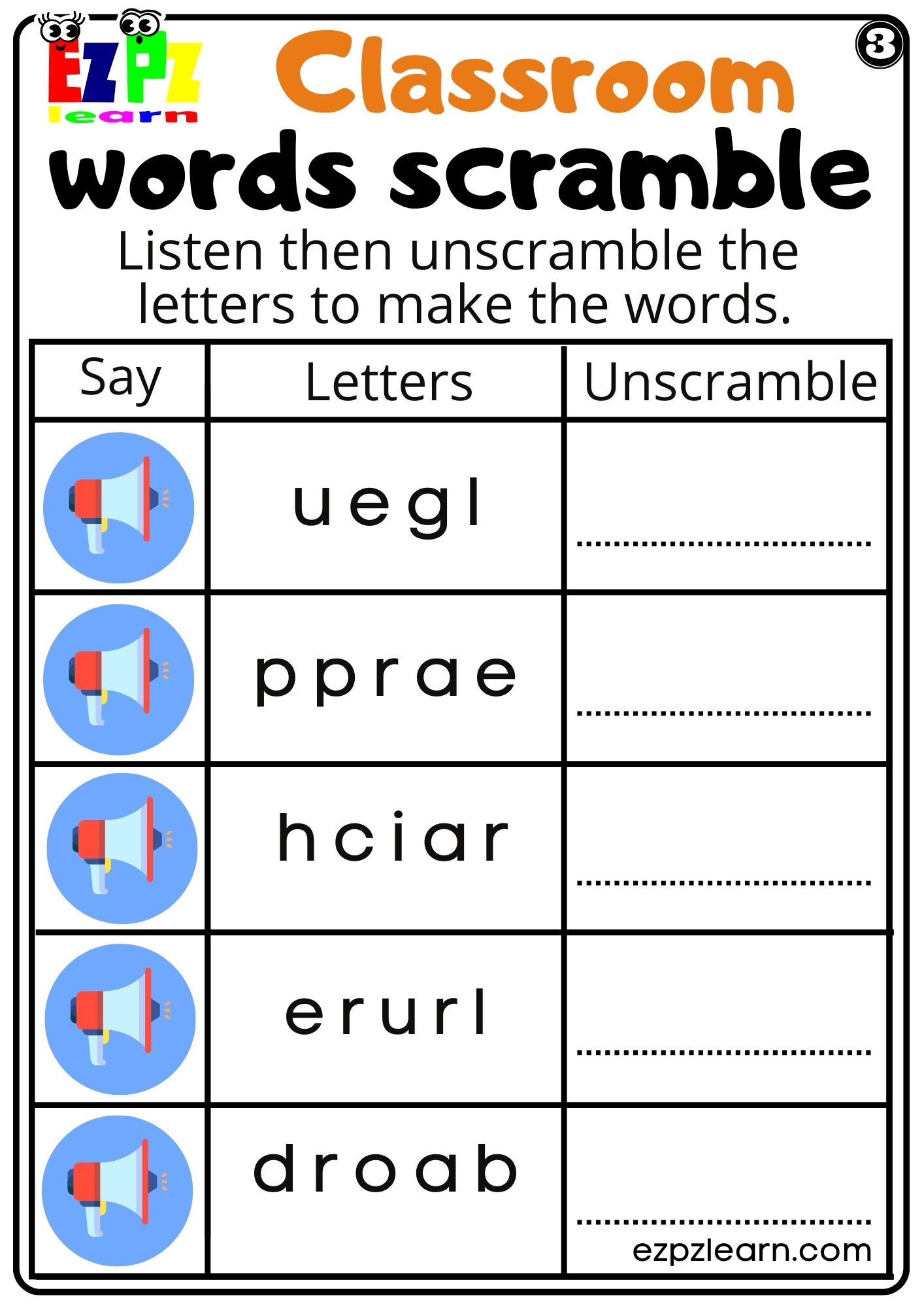 Listen and Unscramble the Words Interactive Classroom Activity Group 3